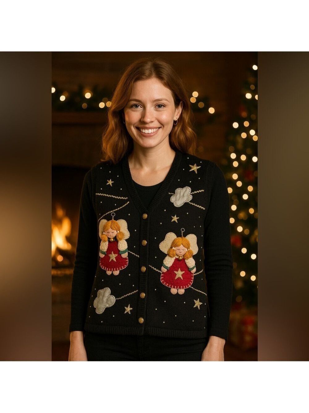 Bobbie Brooks M Black Angel Ramie Cotton Holiday Cardigan Vest